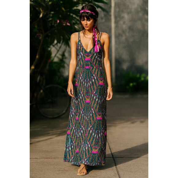 Mara Hoffman Multicolor Feather Graphic Maxi Dress   Women's Size XS - Picture 1 of 9